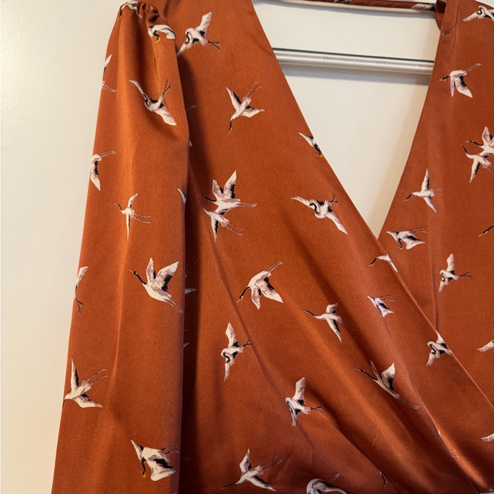 Silk Rust Bird Print Wrap blouse
